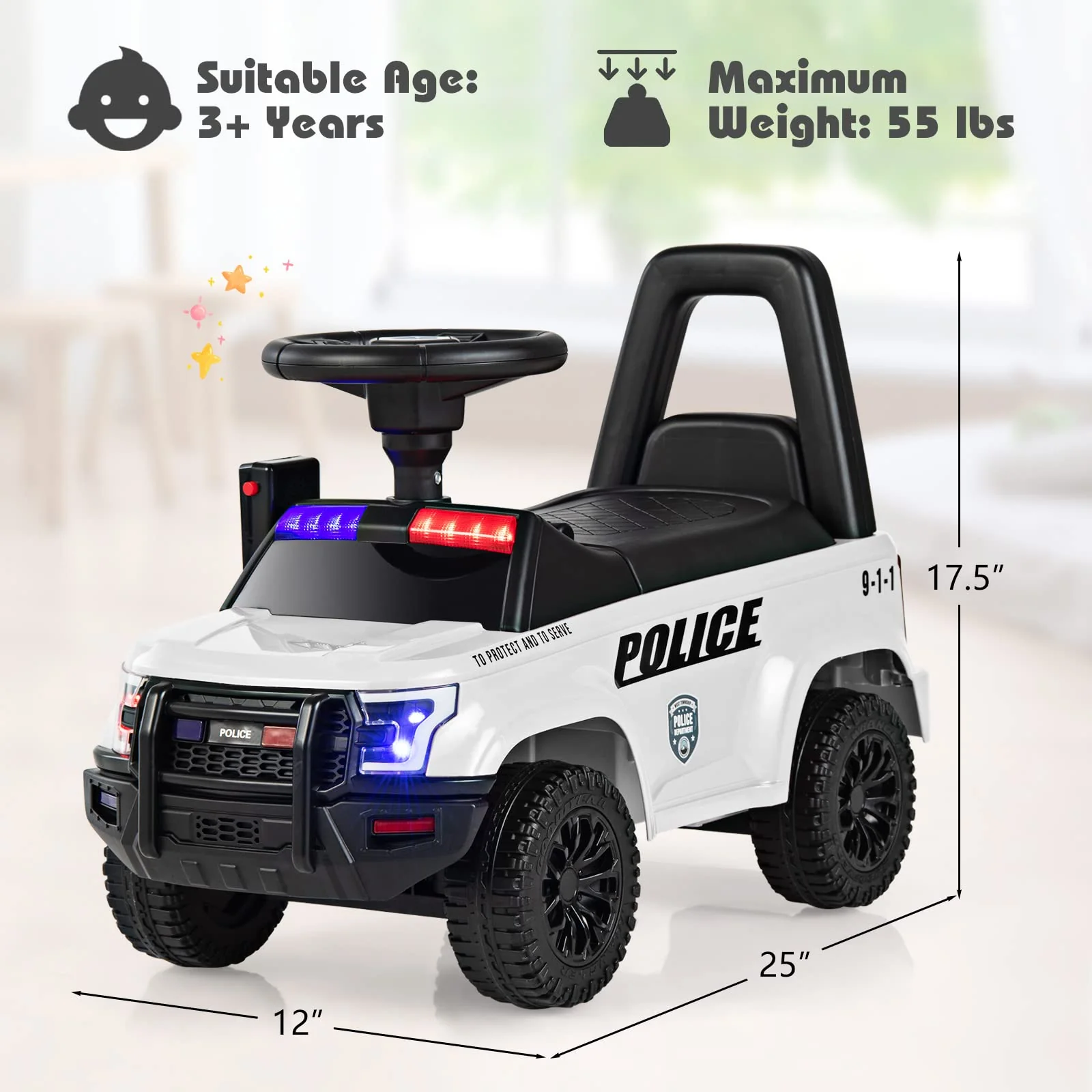 Ride On Push Police Car, Toddler Foot-to-Floor Sliding Toy with Siren - Image 3