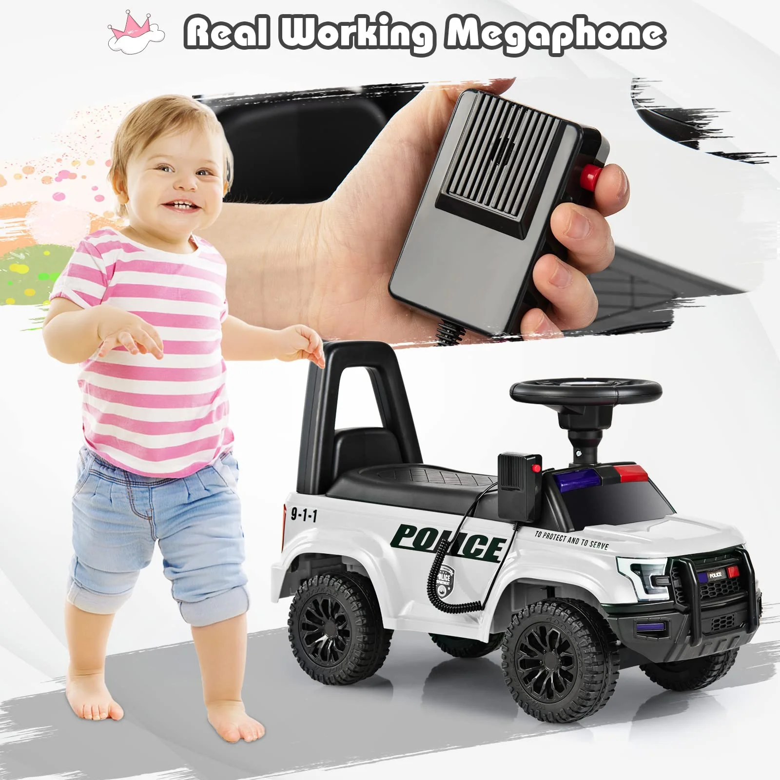 Ride On Push Police Car, Toddler Foot-to-Floor Sliding Toy with Siren - Image 4