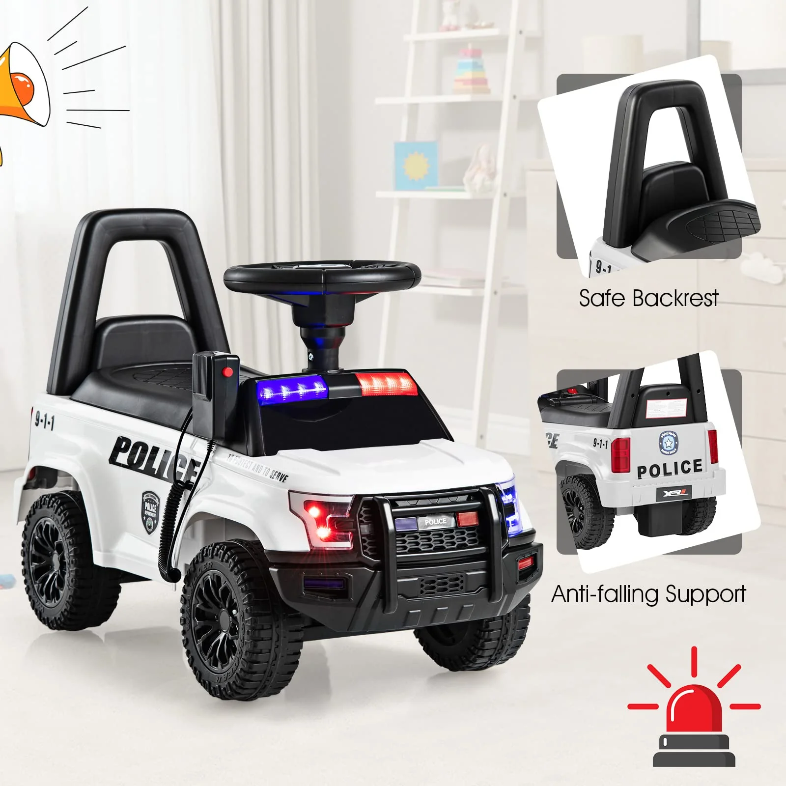 Ride On Push Police Car, Toddler Foot-to-Floor Sliding Toy with Siren - Image 6
