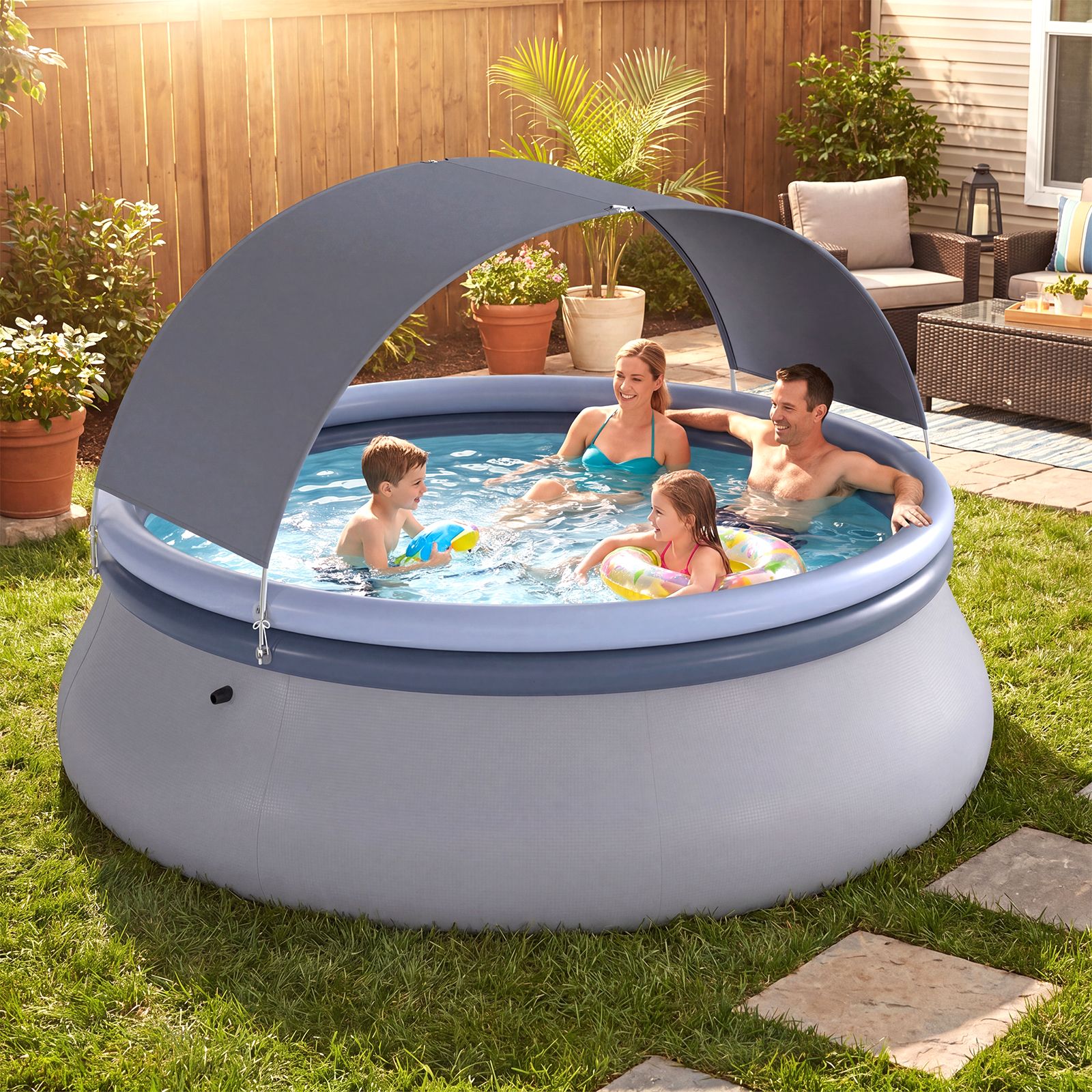 Round Inflatable Outdoor Swimming Pool with Sunshade Canopy - Image 2