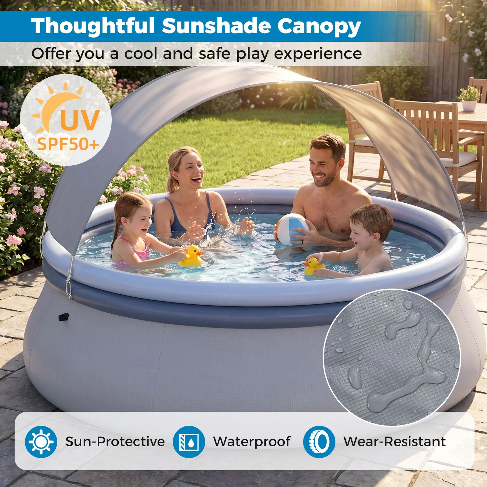Round Inflatable Outdoor Swimming Pool with Sunshade Canopy - Image 6