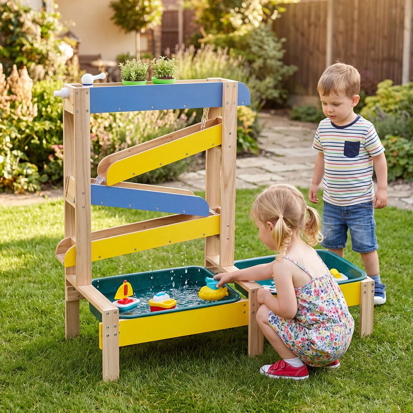 Sand and Water Table for Toddlers with 2 Basins Plant Pots and Sailboat - Image 2