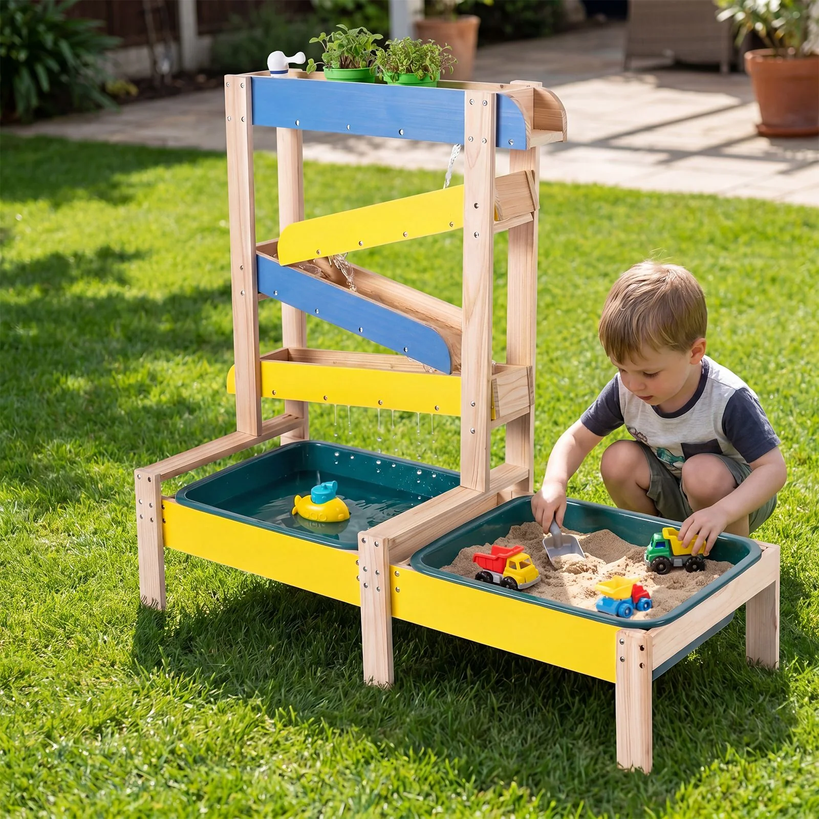 Sand and Water Table for Toddlers with 2 Basins Plant Pots and Sailboat - Image 3