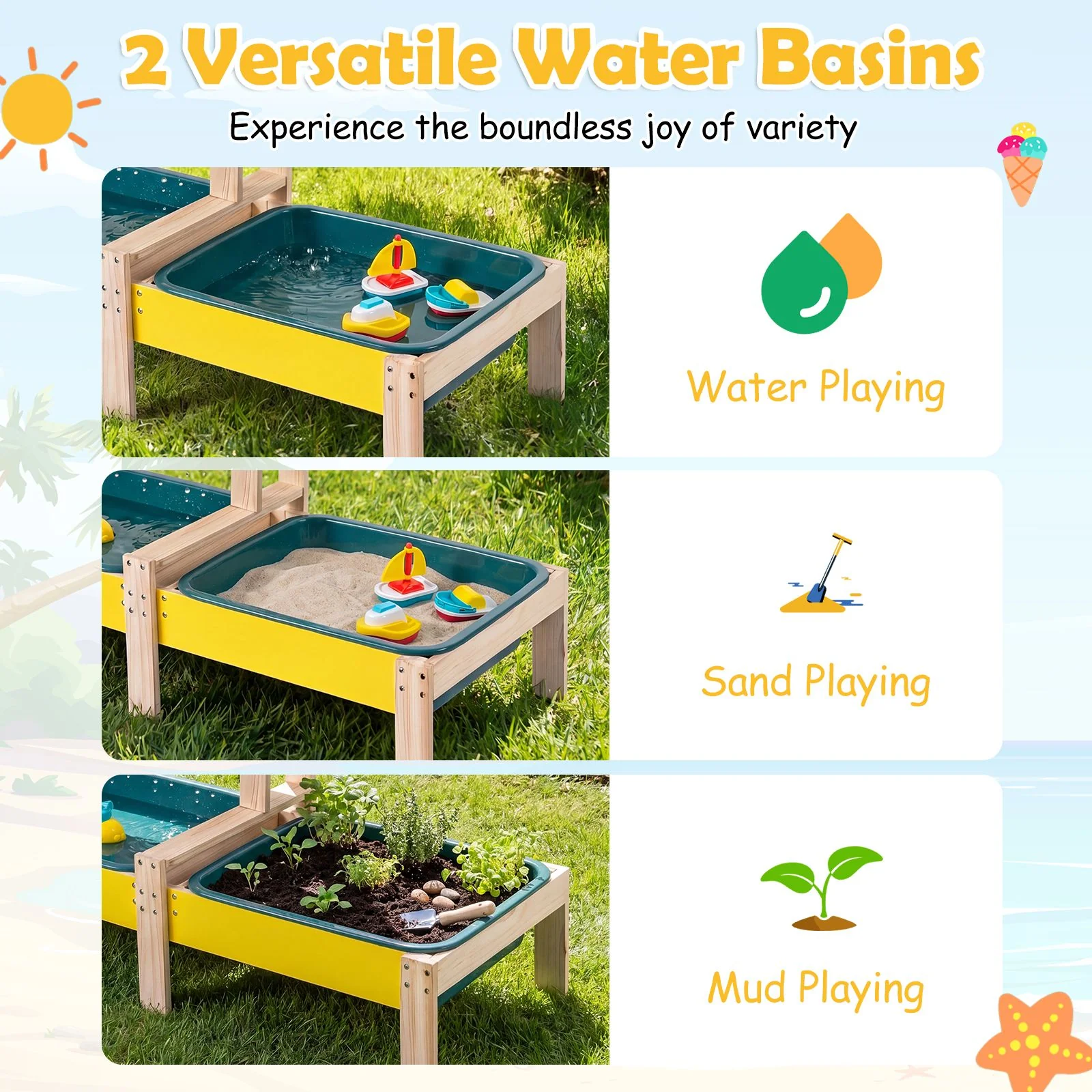 Sand and Water Table for Toddlers with 2 Basins Plant Pots and Sailboat - Image 5