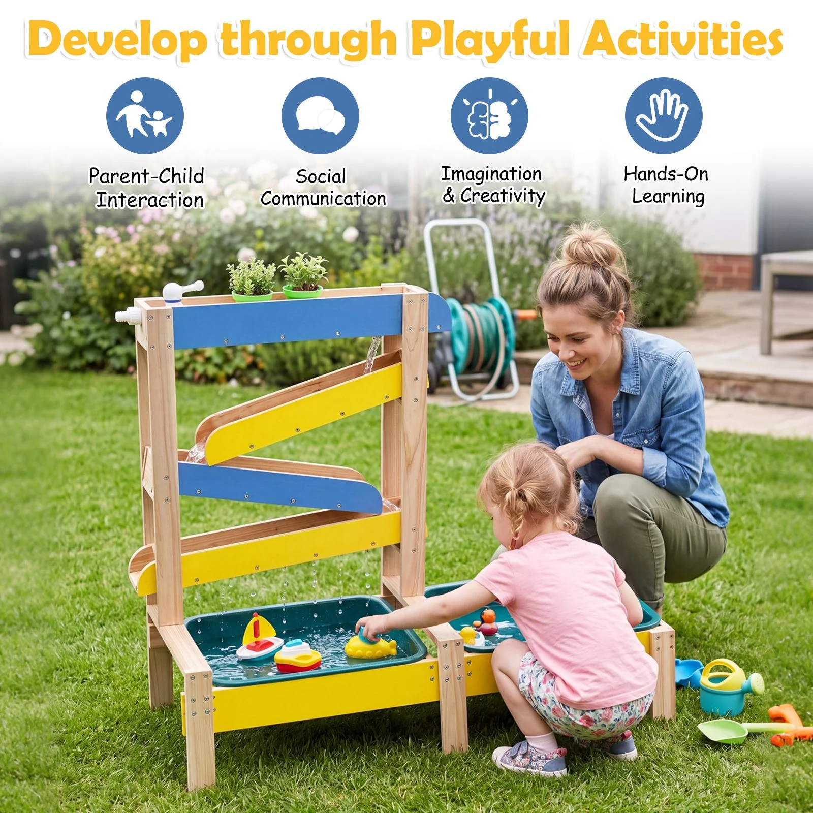 Sand and Water Table for Toddlers with 2 Basins Plant Pots and Sailboat - Image 6