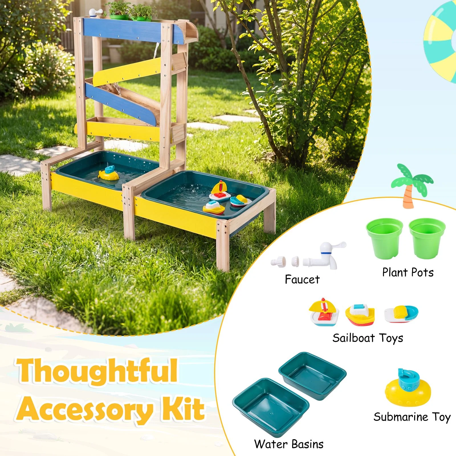 Sand and Water Table for Toddlers with 2 Basins Plant Pots and Sailboat - Image 9