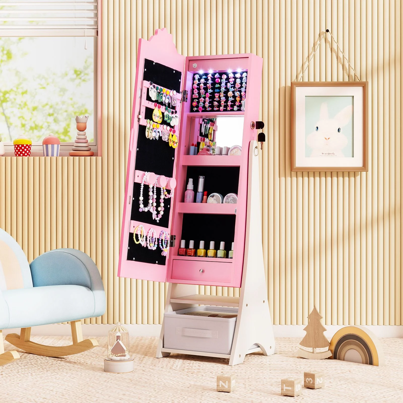 Standing Children Jewelry Organizer with Full-Length Mirror - Image 11