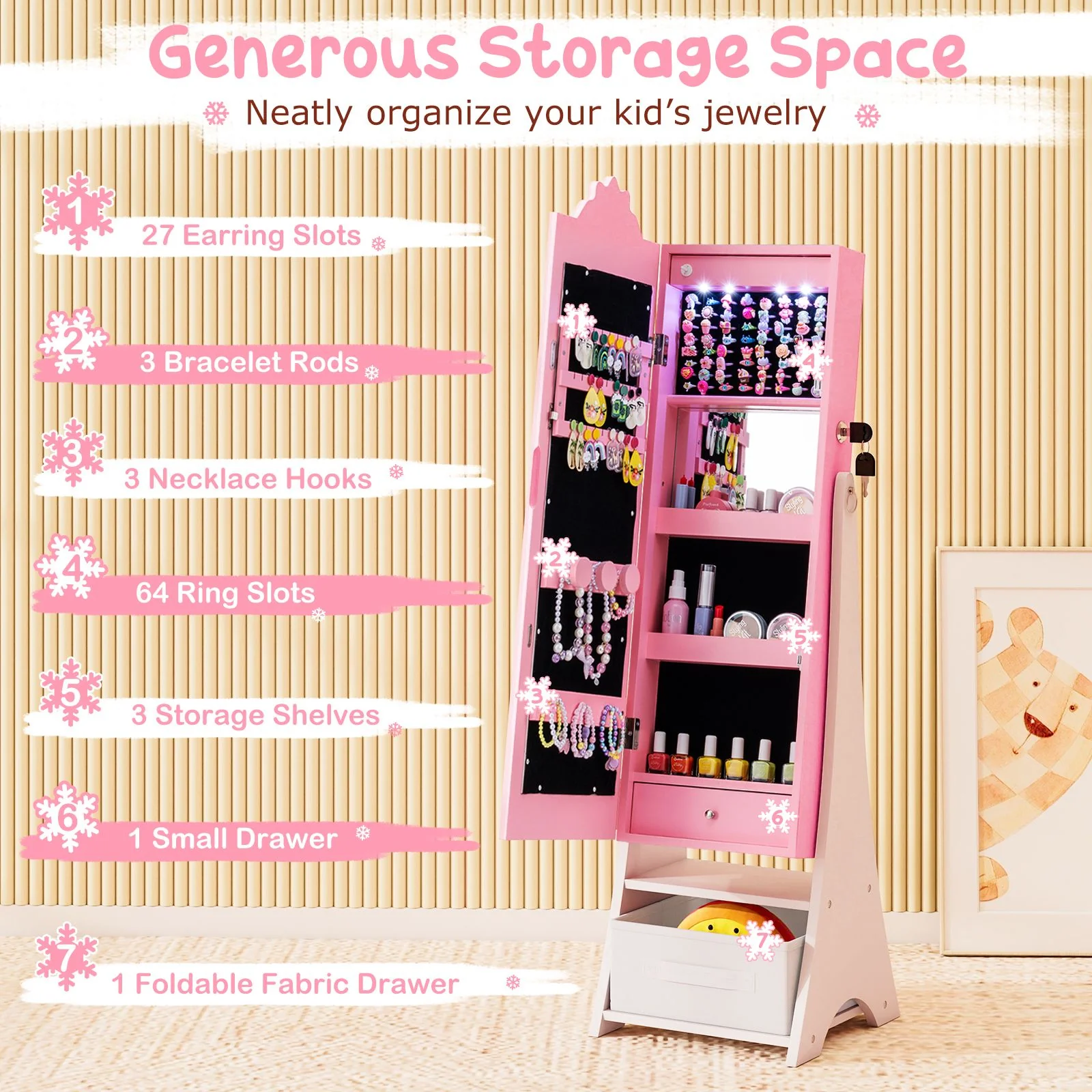 Standing Children Jewelry Organizer with Full-Length Mirror - Image 5