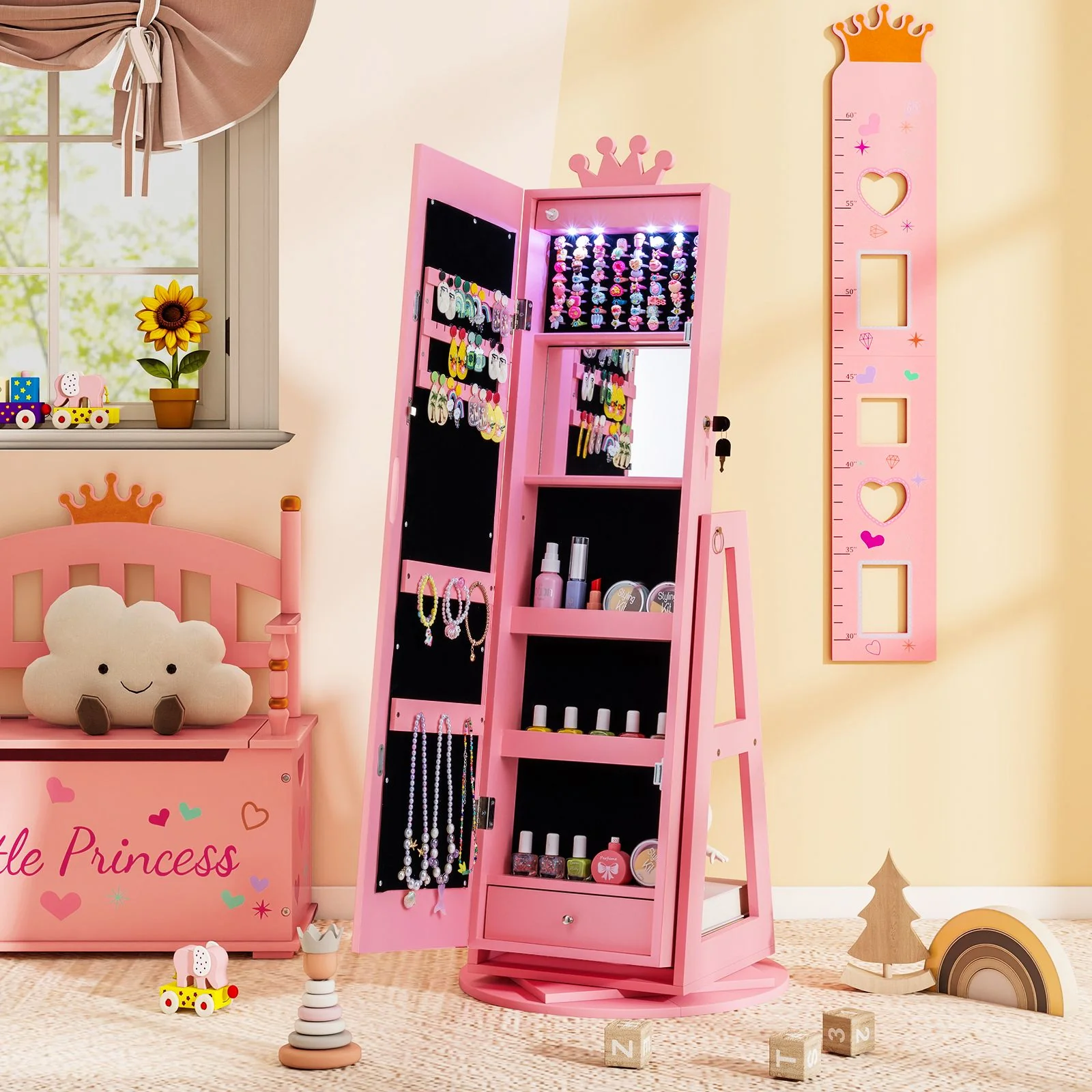 Swivel Kids Jewelry Cabinet with Lights and Built-in Mirror - Image 11