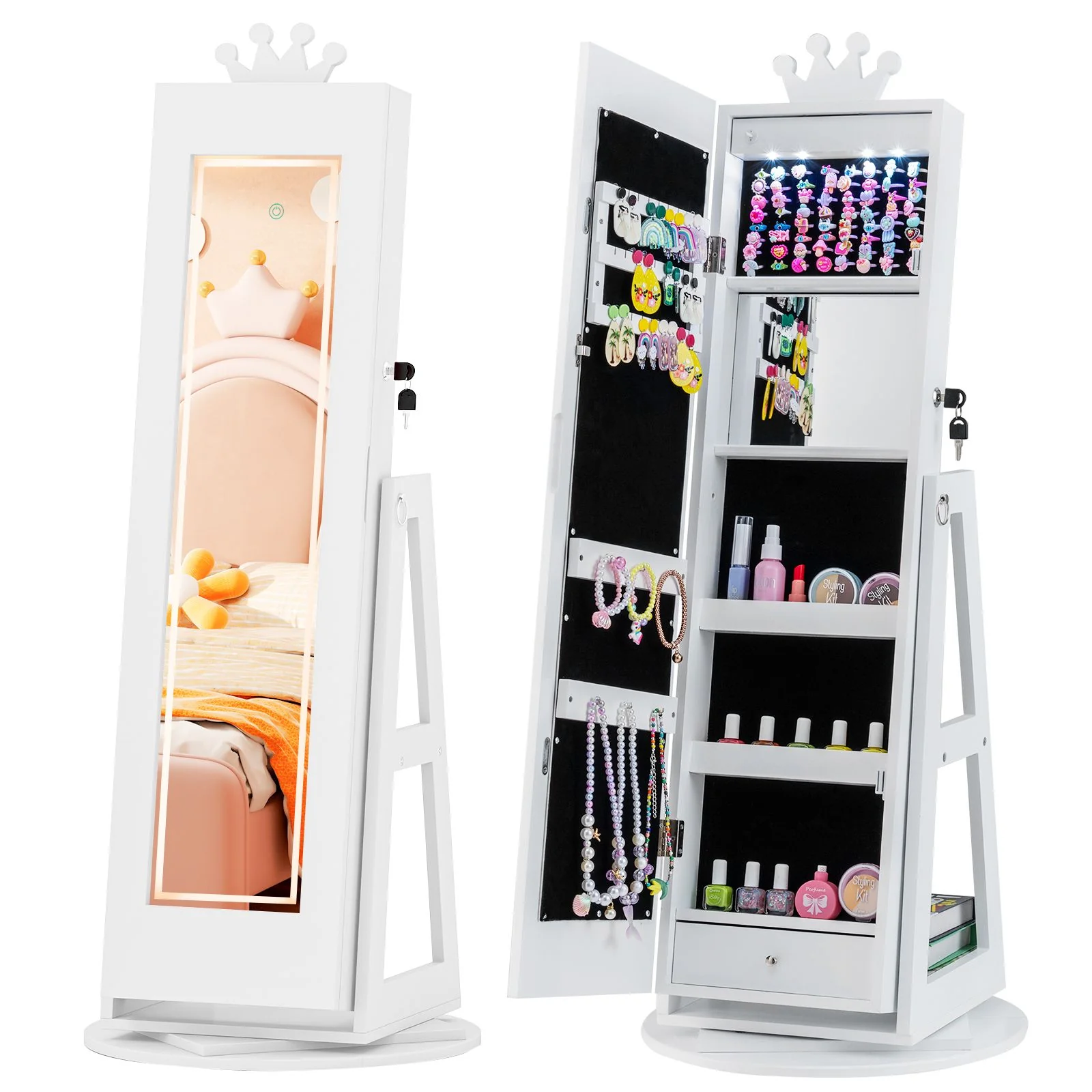 Swivel Kids Jewelry Cabinet with Lights and Built-in Mirror - Image 12