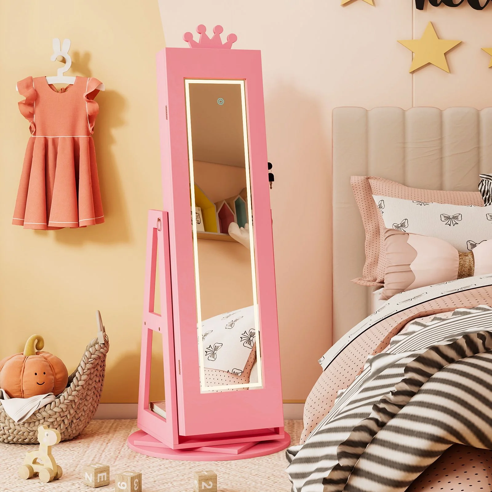Swivel Kids Jewelry Cabinet with Lights and Built-in Mirror - Image 2