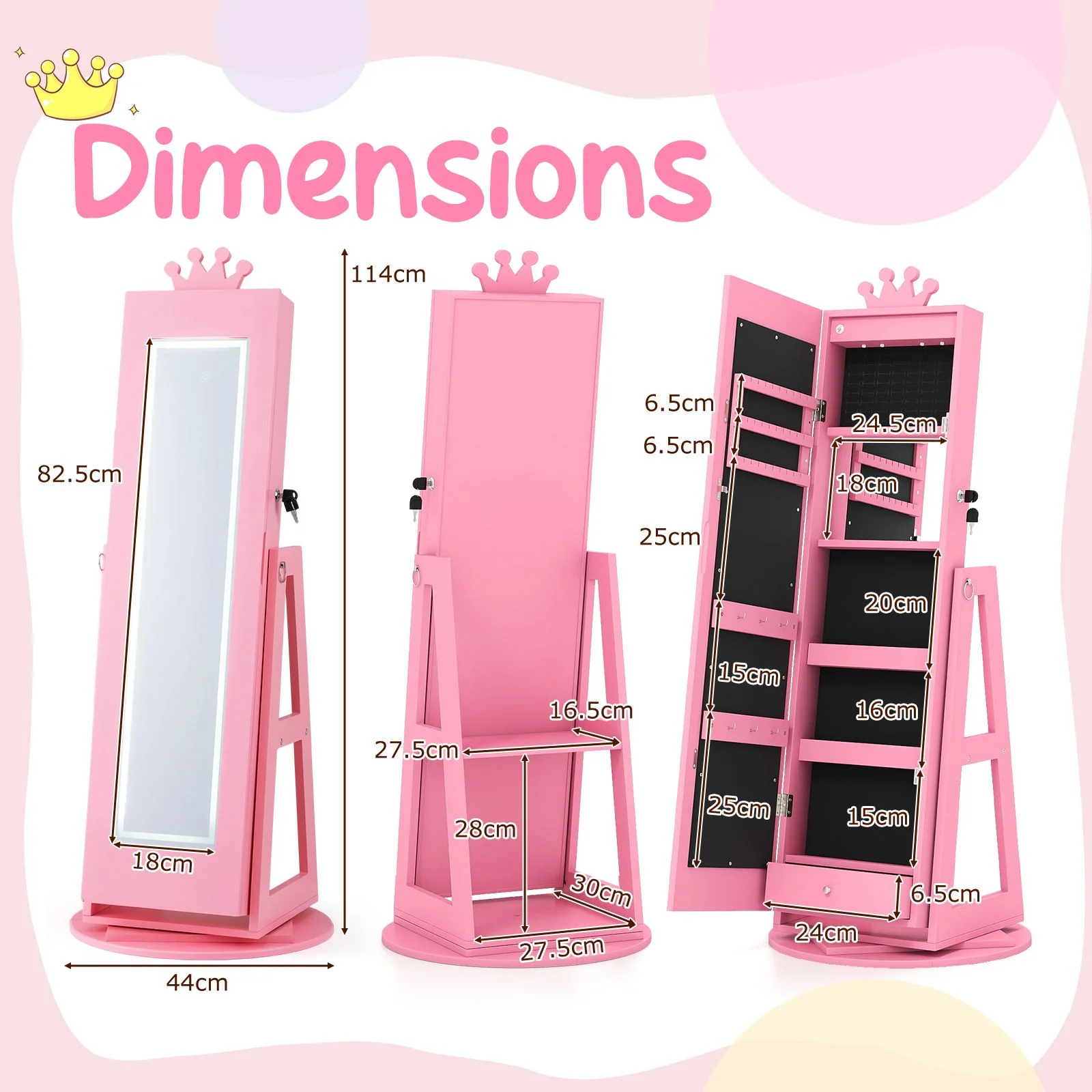 Swivel Kids Jewelry Cabinet with Lights and Built-in Mirror - Image 3