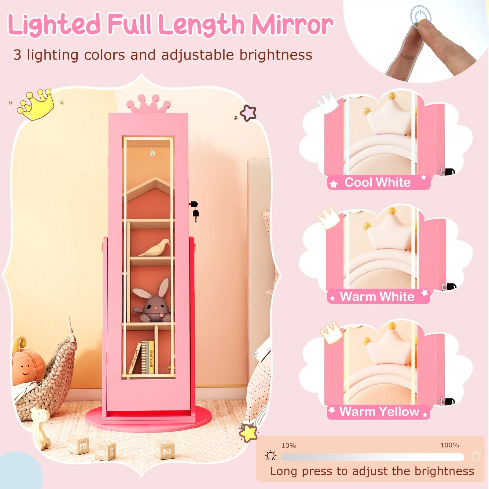 Swivel Kids Jewelry Cabinet with Lights and Built-in Mirror - Image 5