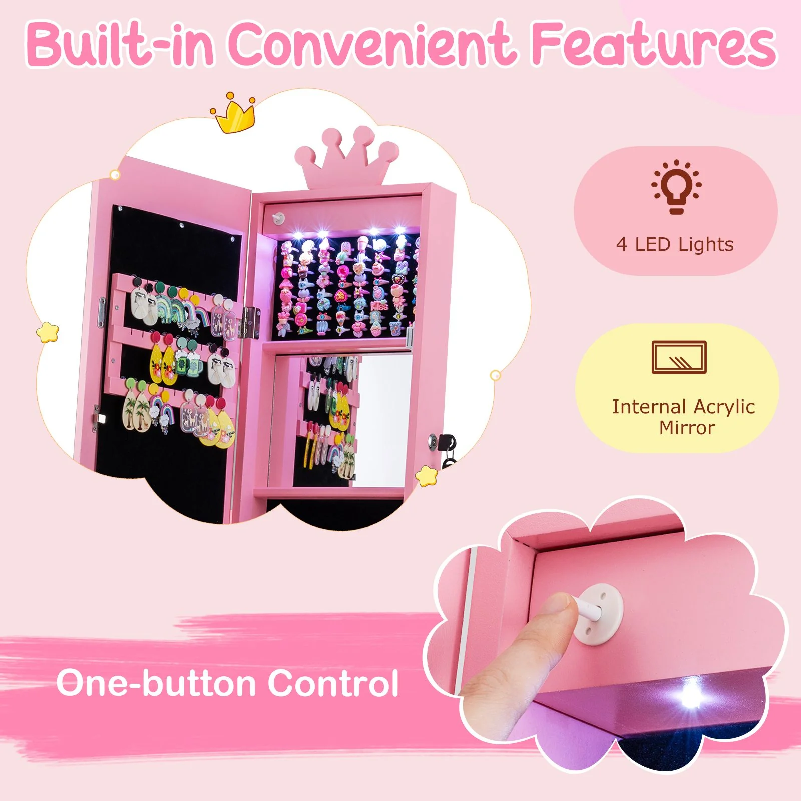 Swivel Kids Jewelry Cabinet with Lights and Built-in Mirror - Image 6