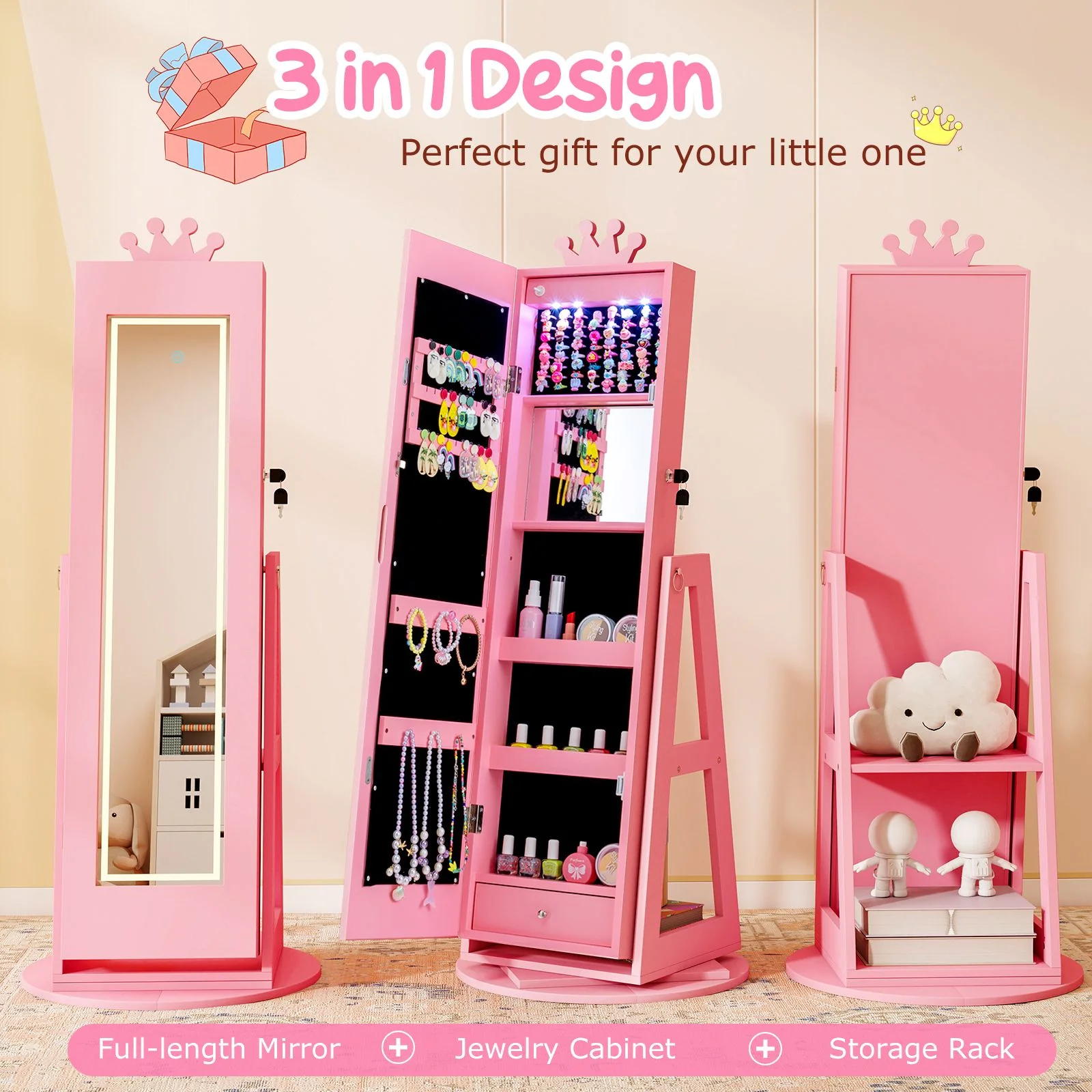 Swivel Kids Jewelry Cabinet with Lights and Built-in Mirror - Image 7