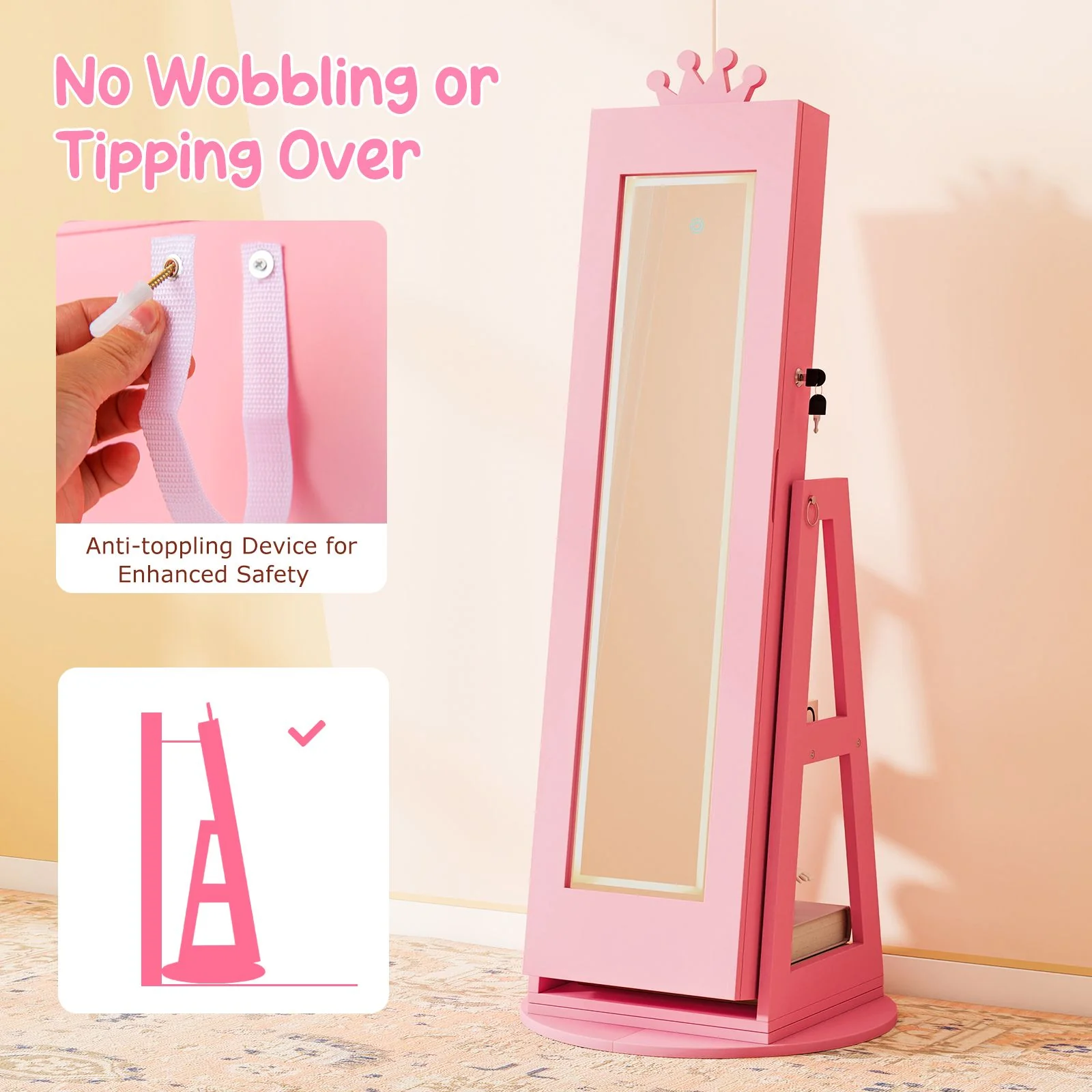 Swivel Kids Jewelry Cabinet with Lights and Built-in Mirror - Image 8
