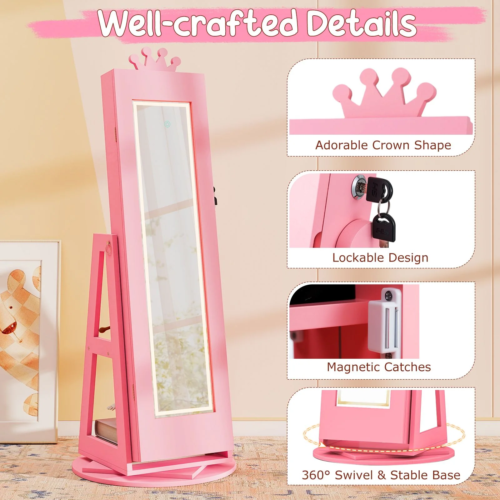 Swivel Kids Jewelry Cabinet with Lights and Built-in Mirror - Image 9