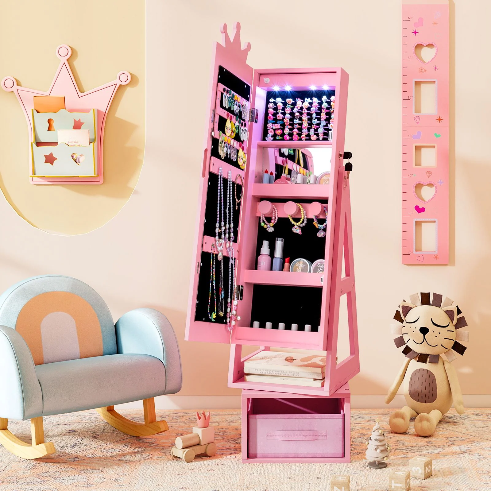 Swivel Kids Jewelry Cabinet with Lights and Full-Length Mirror - Image 11