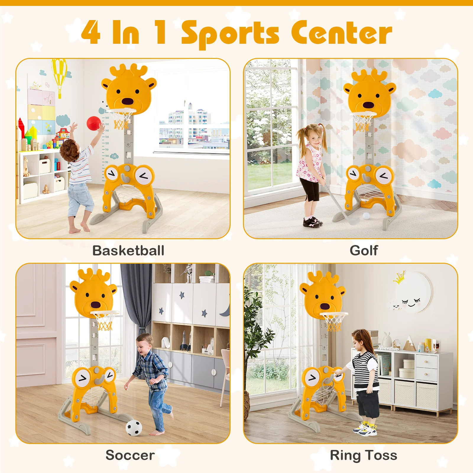 Toddler Basketball Hoop, 4-in-1 Kids Activity Center with Rim, Soccer Goal, Golf, Ring Toss - Image 4