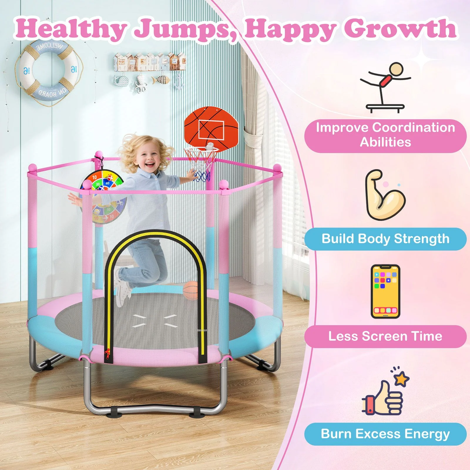 Toddler Trampoline with Basketball Hoop and No-gap Design for Kids - Image 8