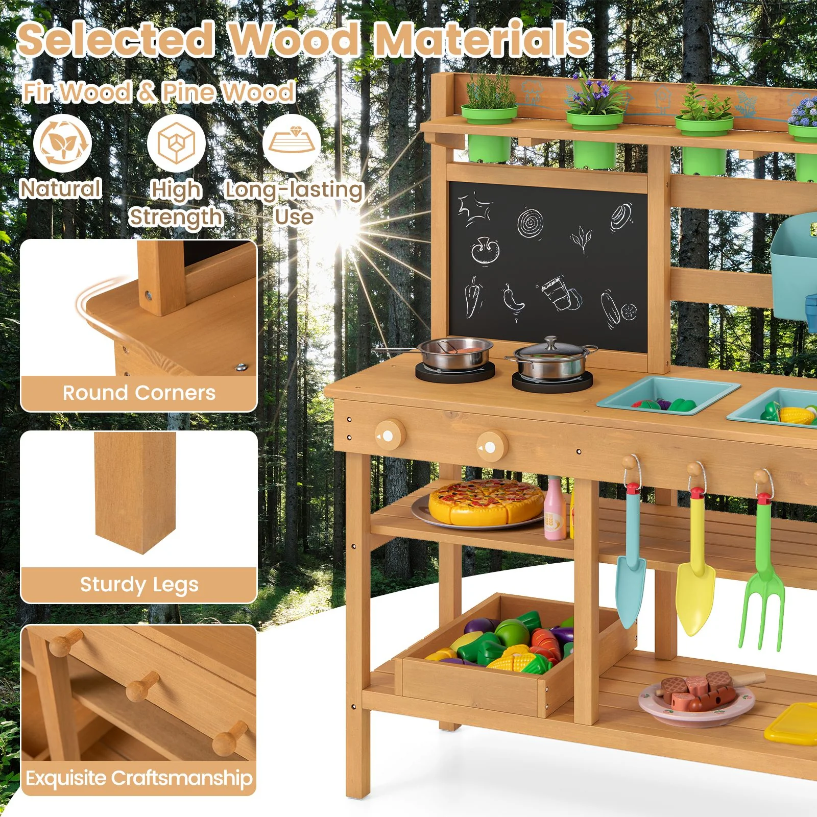 Toddler Wooden Pretend Play Kitchen Playset with Faucet and Pots - Image 3