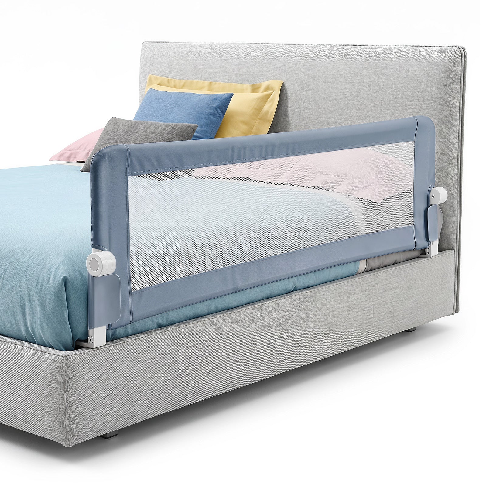 Universal Kids Bedrail Guard with Adjustable Safety Strap for Single Double Queen King Mattress, White/Grey