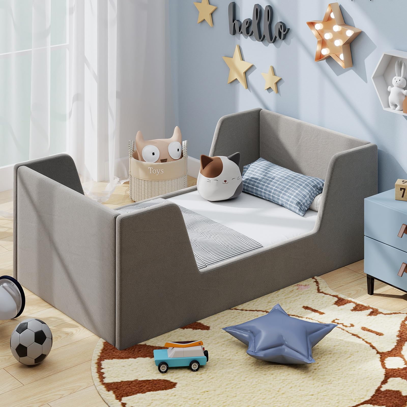 Velvet Fabric Children Floor Bed with Safety Rails and Headboard - Image 4