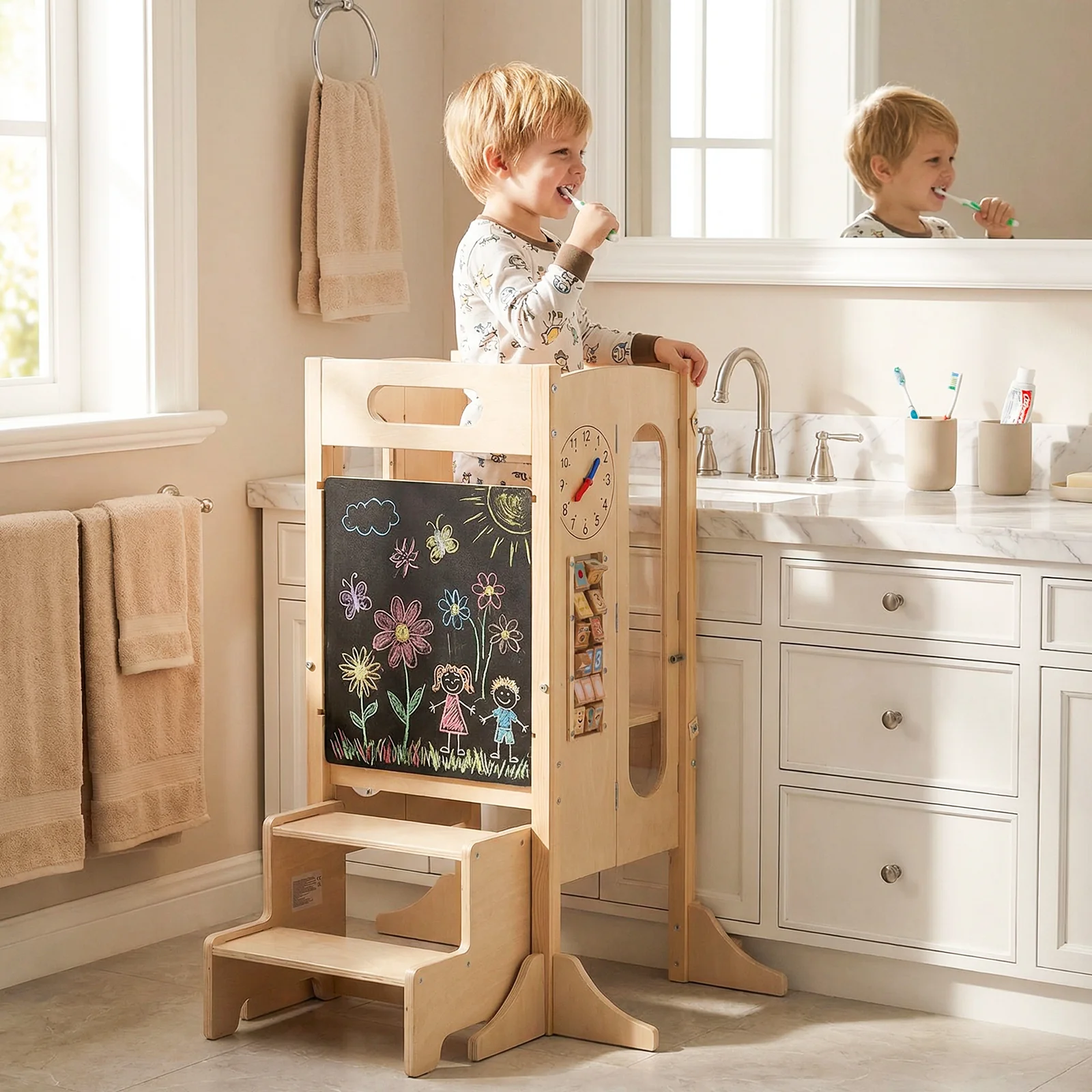 Versatile Wooden Learning Tower with Blackboard & Montessori Games for Children 3+ Years Old - Image 3