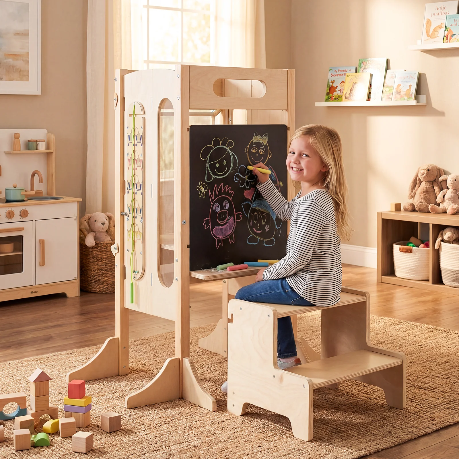 Versatile Wooden Learning Tower with Blackboard & Montessori Games for Children 3+ Years Old - Image 4
