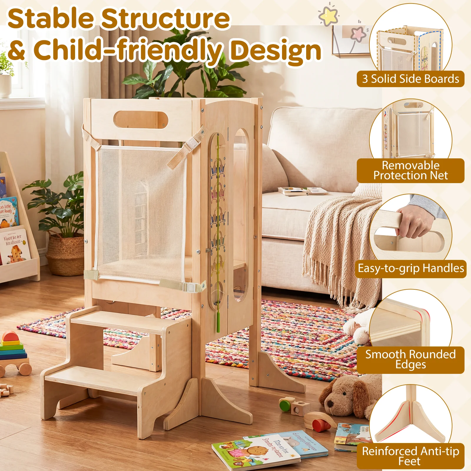 Versatile Wooden Learning Tower with Blackboard & Montessori Games for Children 3+ Years Old - Image 5