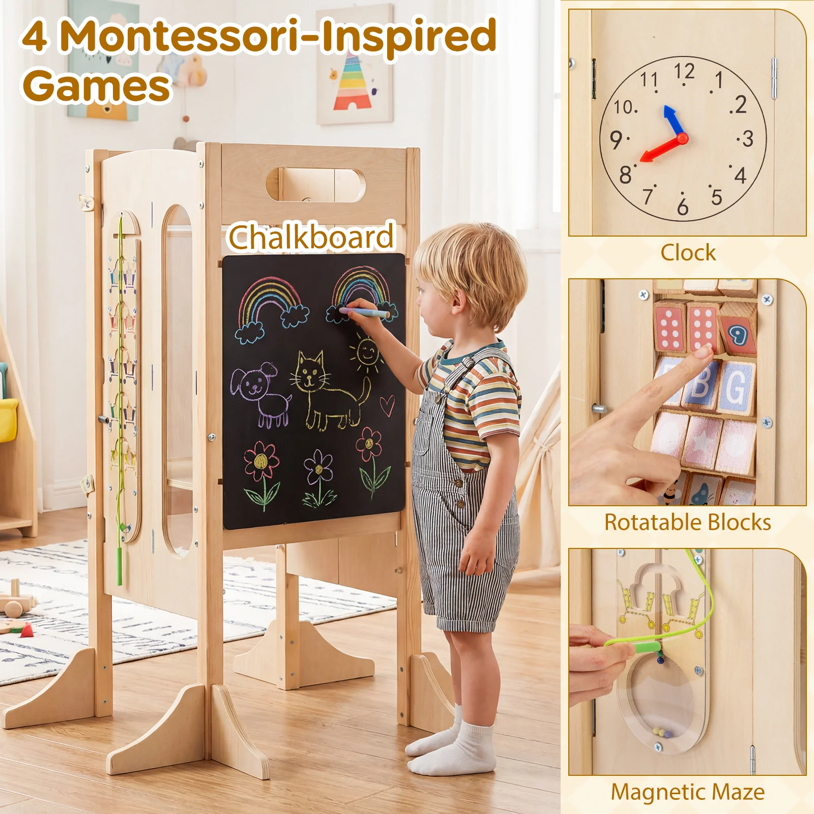 Versatile Wooden Learning Tower with Blackboard & Montessori Games for Children 3+ Years Old - Image 7