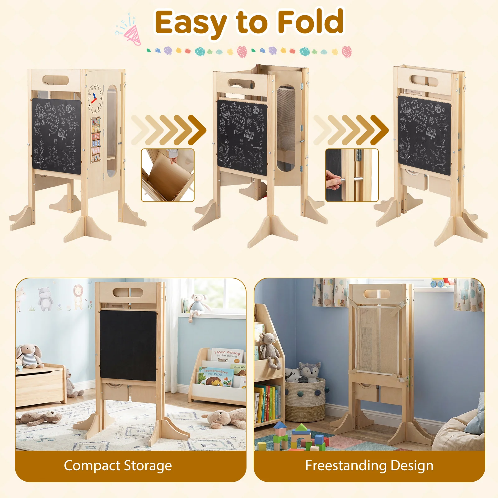 Versatile Wooden Learning Tower with Blackboard & Montessori Games for Children 3+ Years Old - Image 8