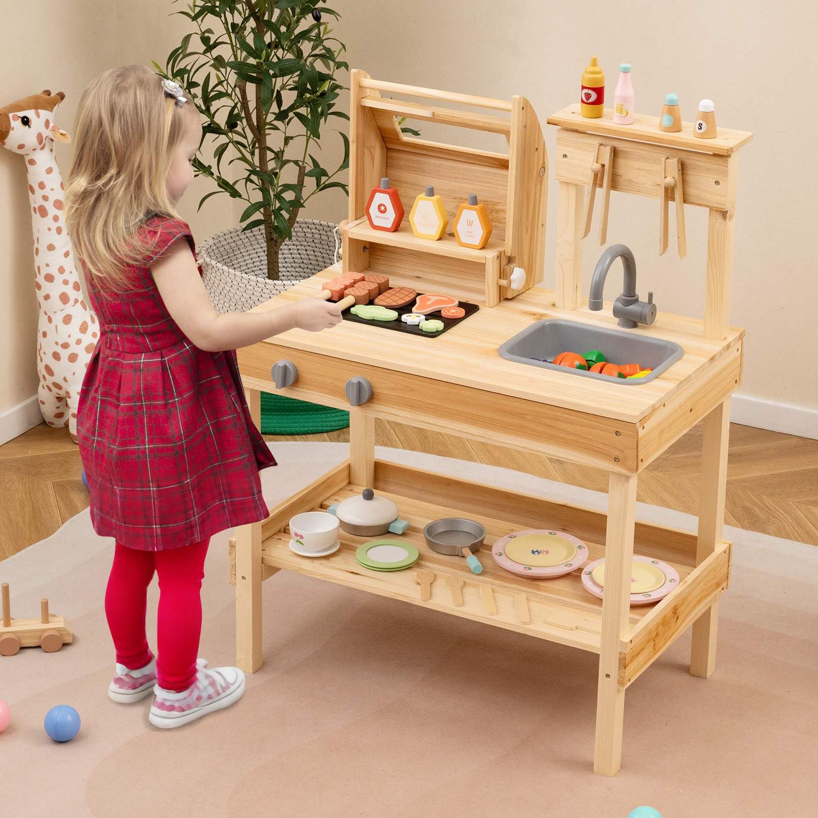 Wooden Barbecue Grill Toy Set with Sink and Faucet Kids BBQ Grill Playset - Image 2
