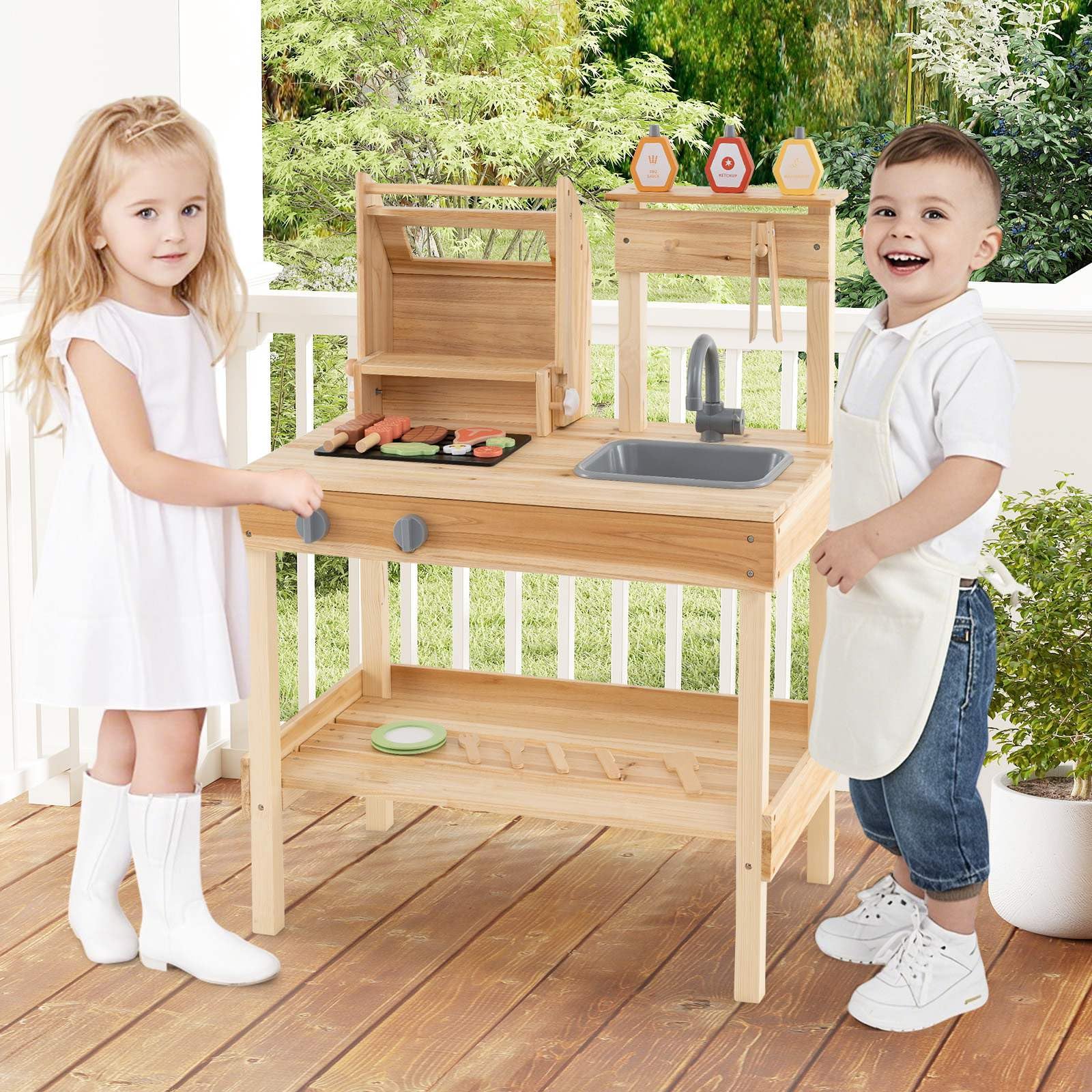 Wooden Barbecue Grill Toy Set with Sink and Faucet Kids BBQ Grill Playset - Image 3