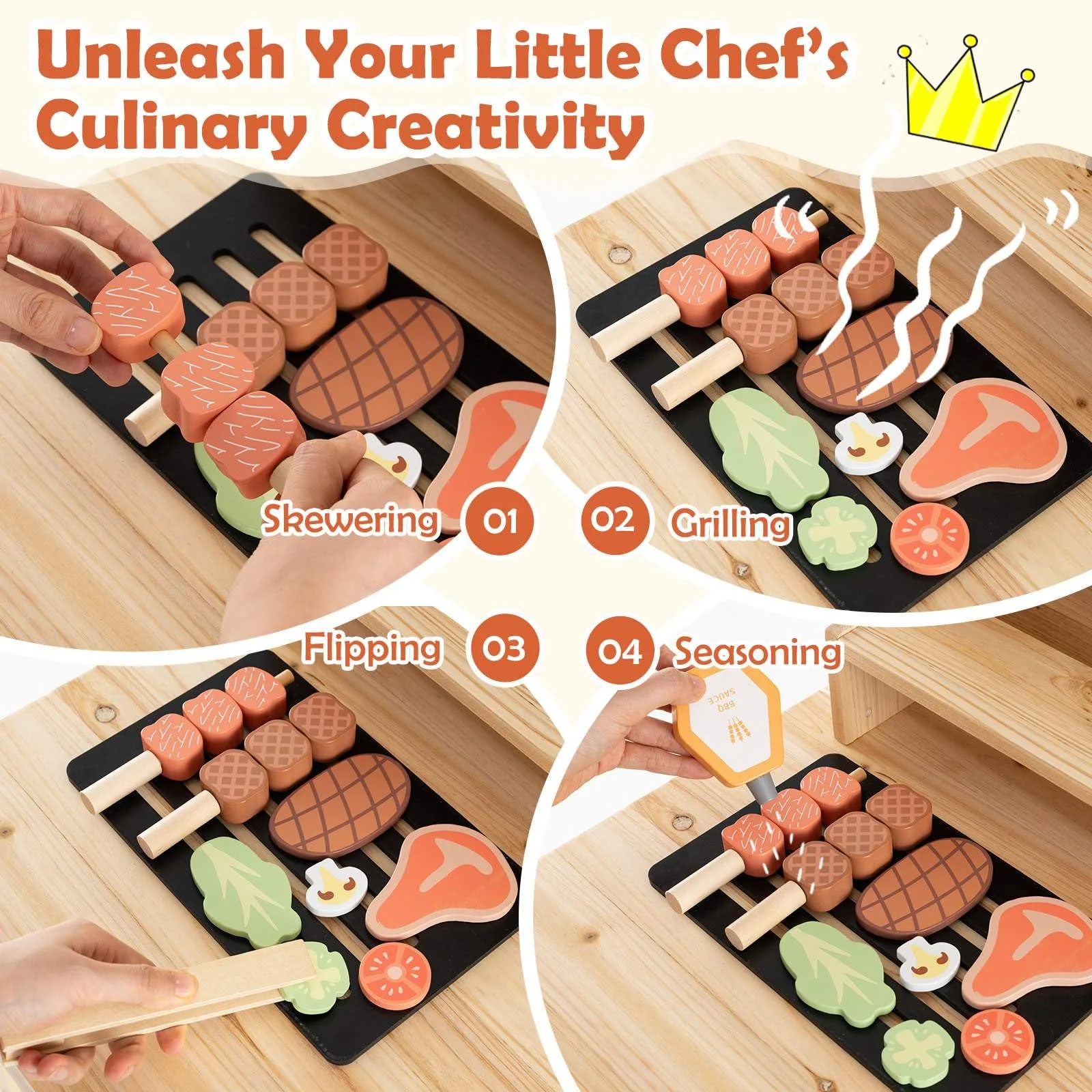 Wooden Barbecue Grill Toy Set with Sink and Faucet Kids BBQ Grill Playset - Image 4