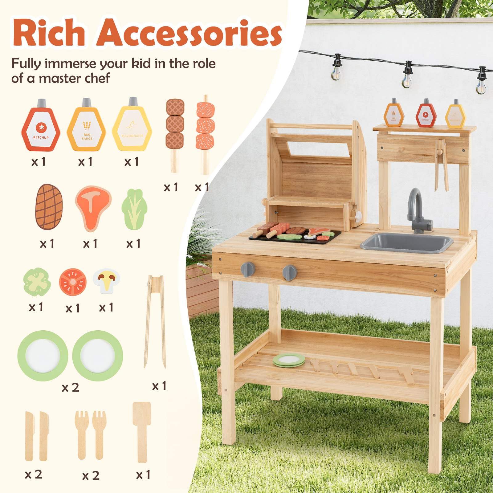 Wooden Barbecue Grill Toy Set with Sink and Faucet Kids BBQ Grill Playset - Image 5