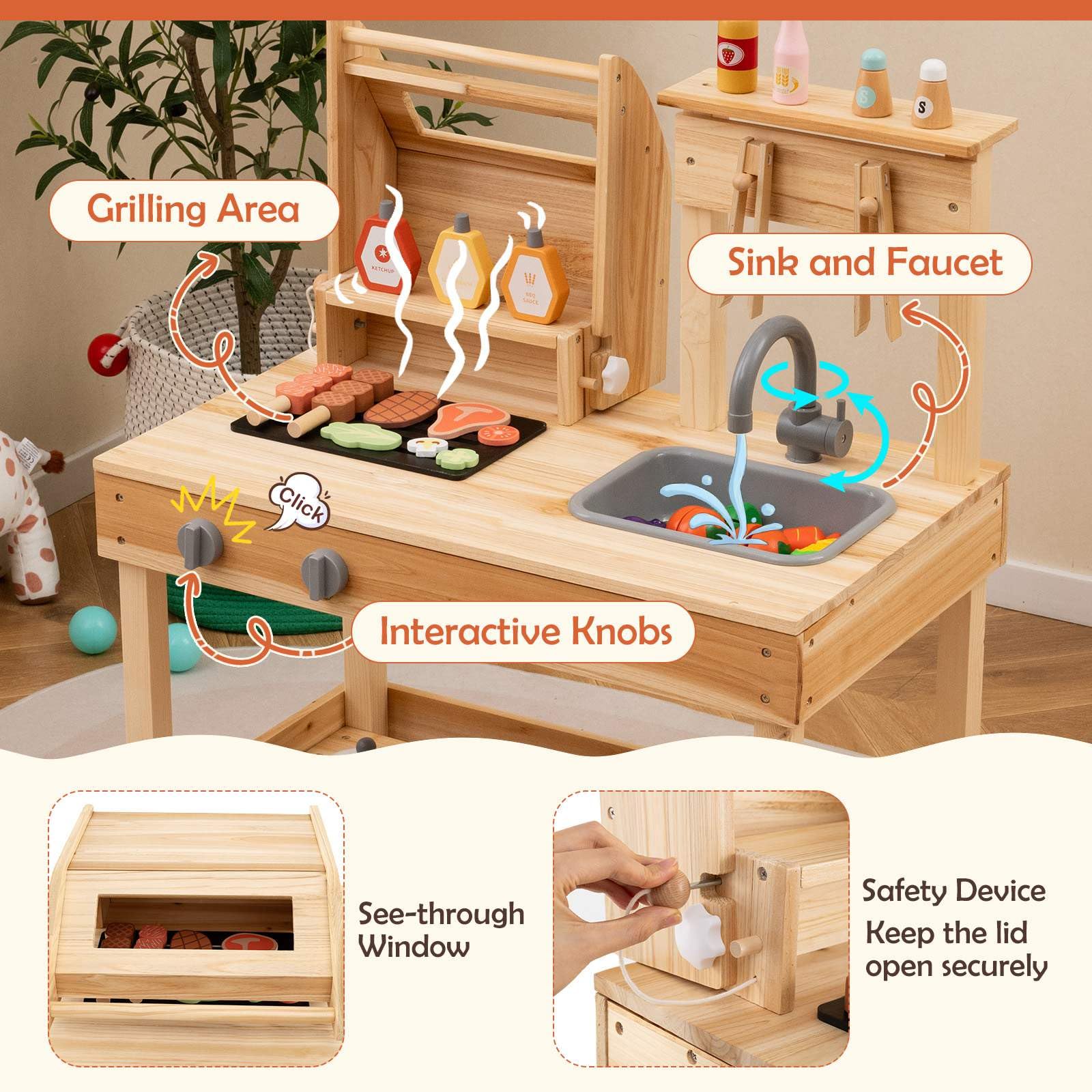 Wooden Barbecue Grill Toy Set with Sink and Faucet Kids BBQ Grill Playset - Image 6