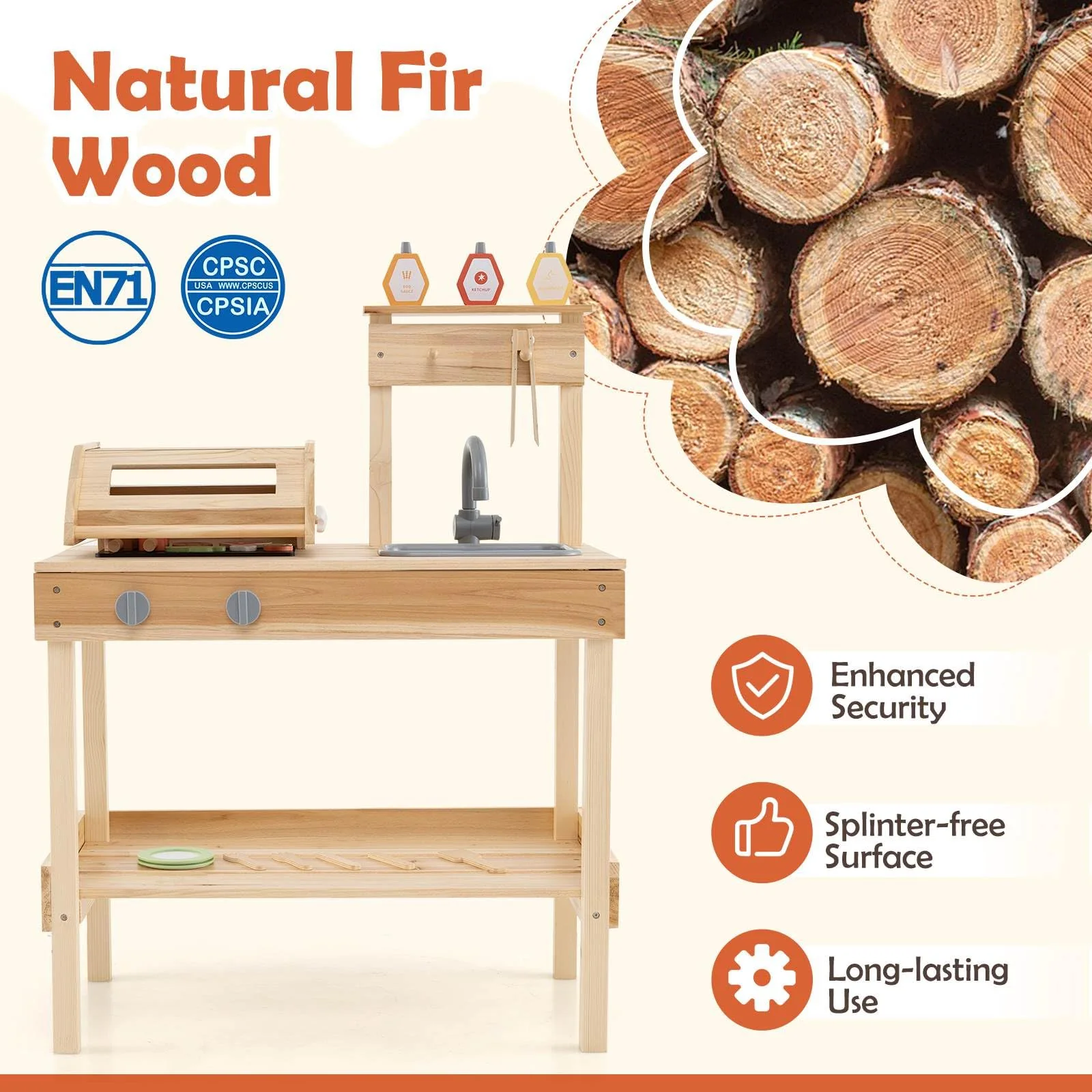 Wooden Barbecue Grill Toy Set with Sink and Faucet Kids BBQ Grill Playset - Image 7