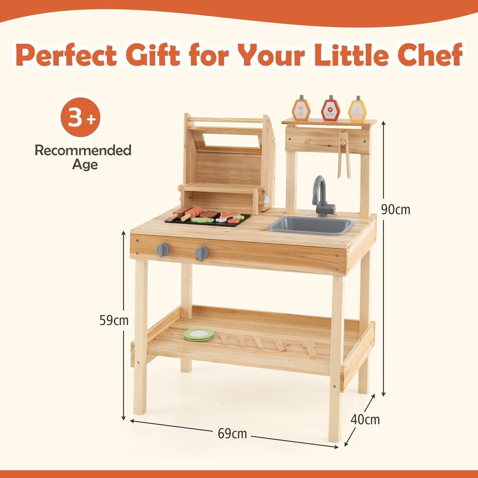 Wooden Barbecue Grill Toy Set with Sink and Faucet Kids BBQ Grill Playset - Image 8