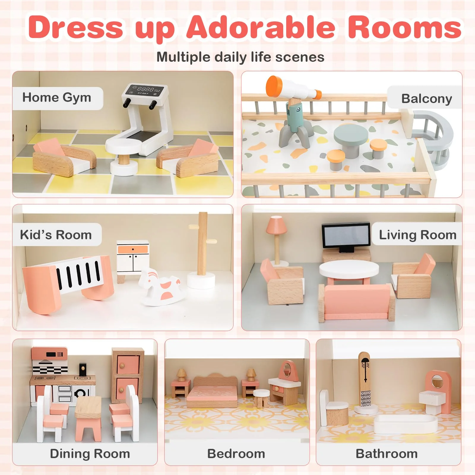 Wooden Corner Dollhouse Playset with 34 Pieces of Furniture and Accessories - Image 3