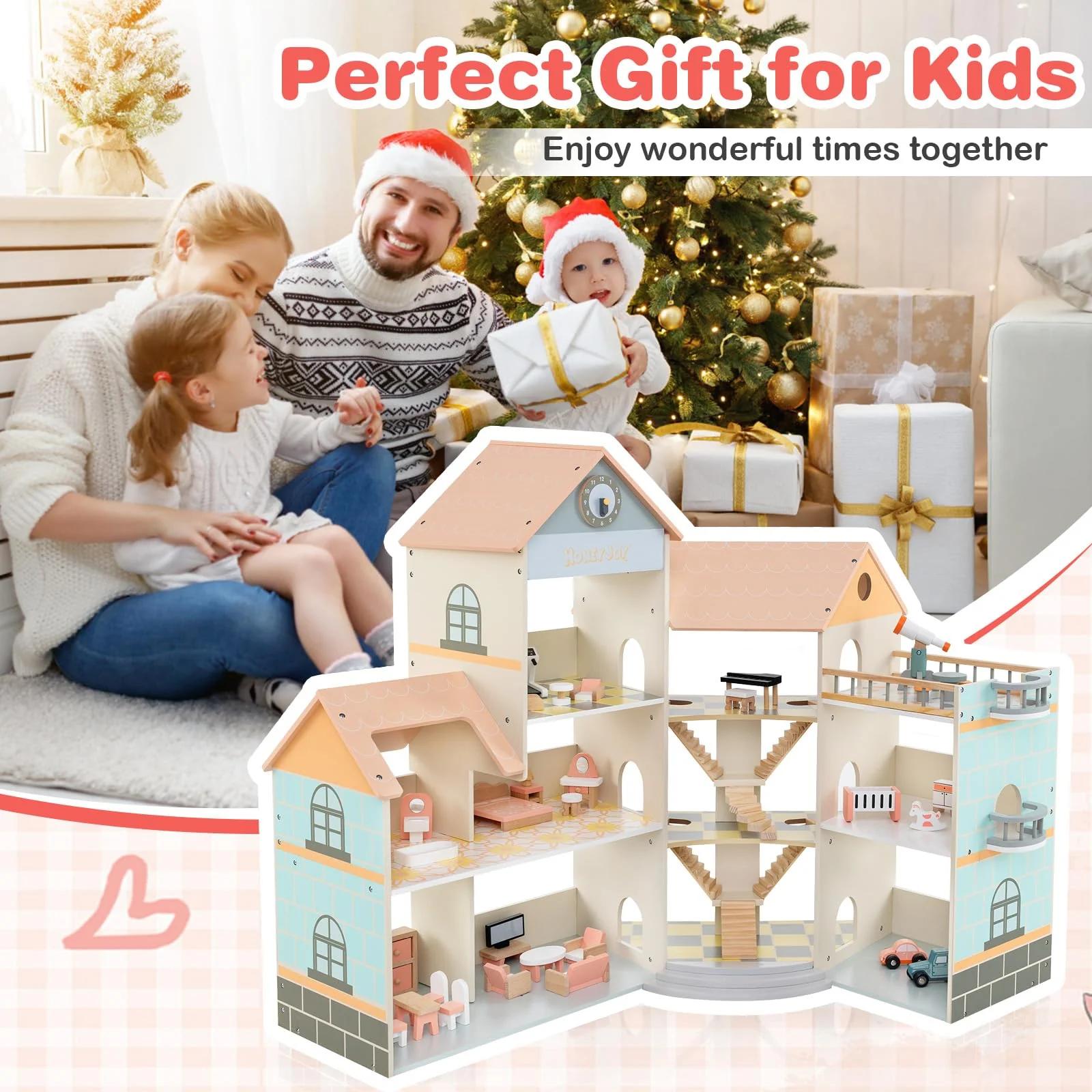 Wooden Corner Dollhouse Playset with 34 Pieces of Furniture and Accessories - Image 8