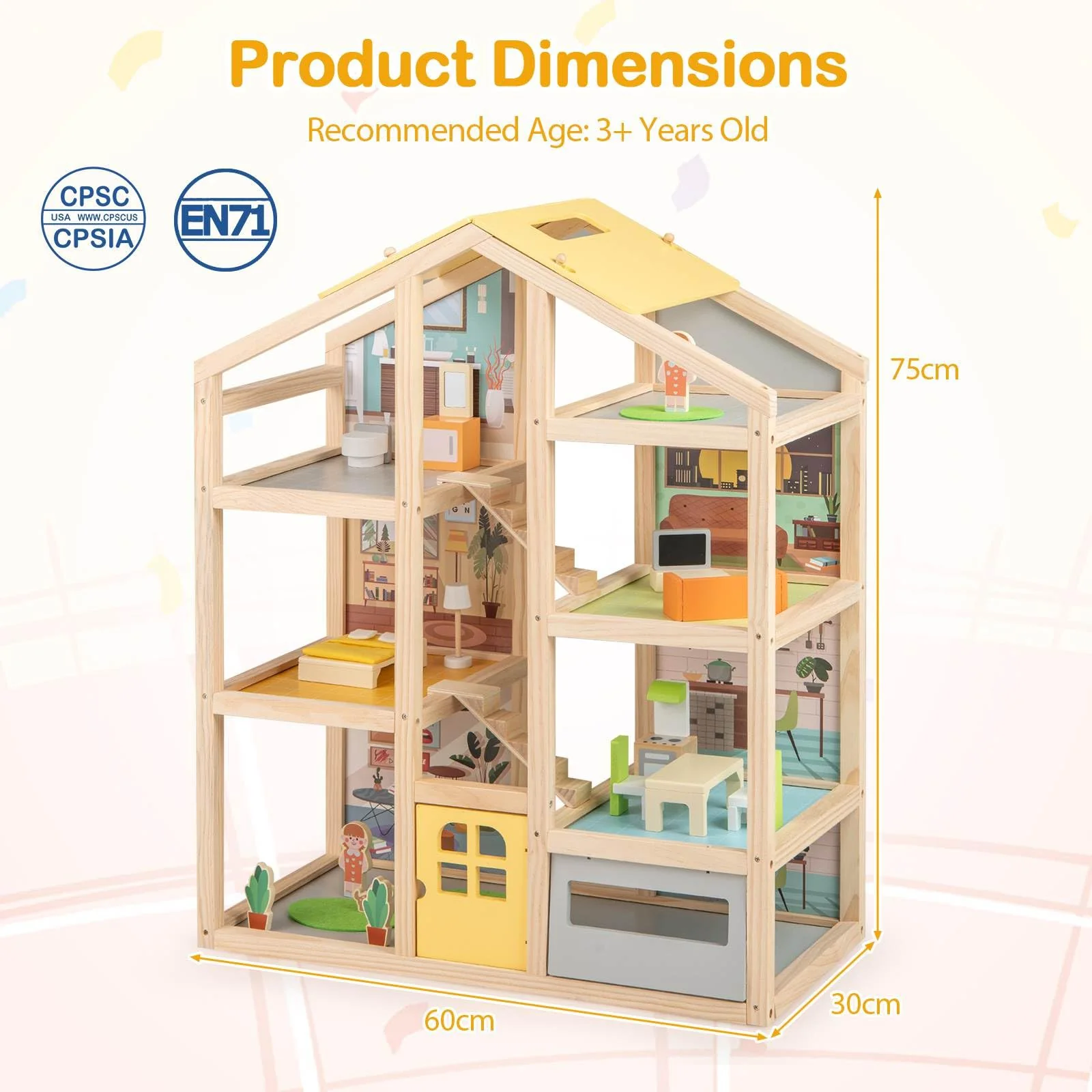 Wooden Dollhouse for Kids, Modern Family Pretend Playhouse w/Furniture Pieces & Figures - Image 3