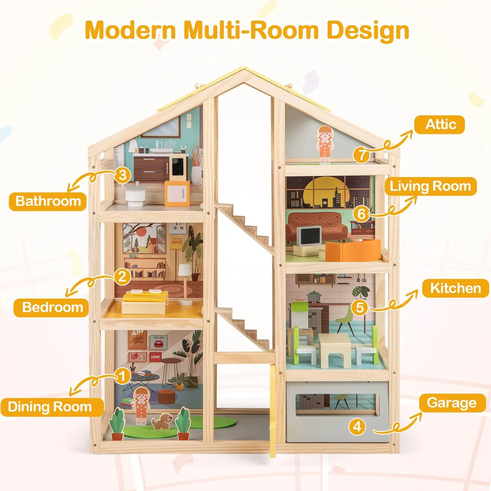 Wooden Dollhouse for Kids, Modern Family Pretend Playhouse w/Furniture Pieces & Figures - Image 4