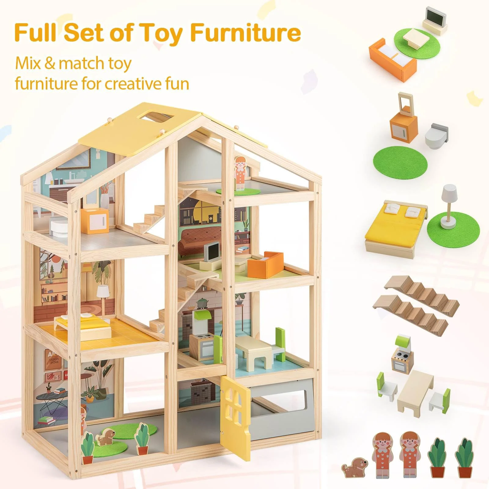 Wooden Dollhouse for Kids, Modern Family Pretend Playhouse w/Furniture Pieces & Figures - Image 5