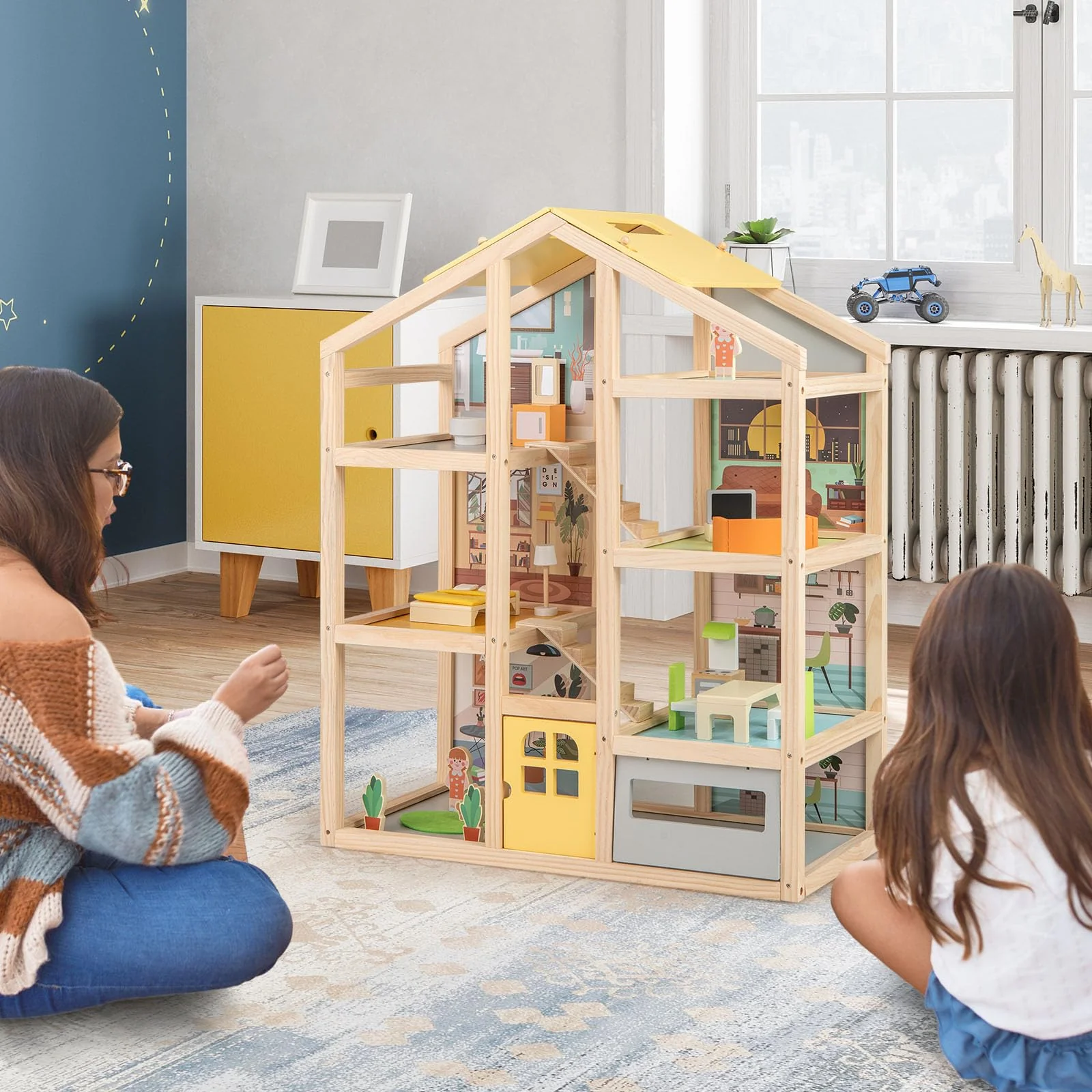 Wooden Dollhouse for Kids, Modern Family Pretend Playhouse w/Furniture Pieces & Figures - Image 8