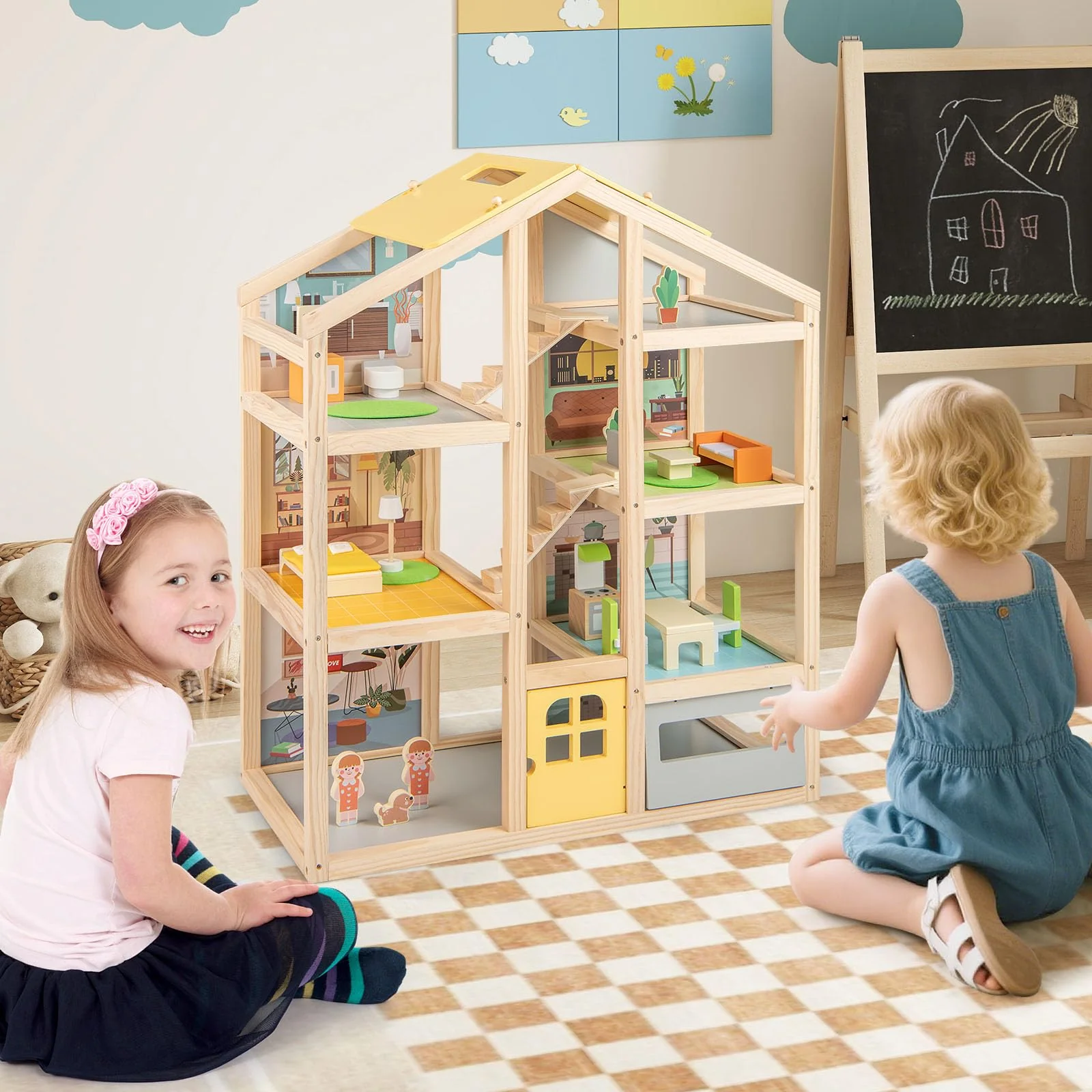 Wooden Dollhouse for Kids, Modern Family Pretend Playhouse w/Furniture Pieces & Figures - Image 9