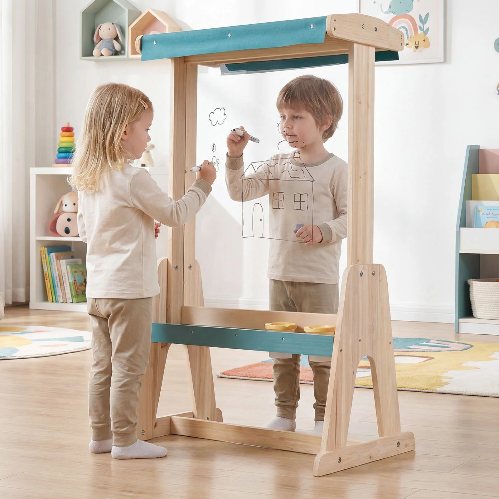 Wooden Fir Frame Easel for Kids with Transparent Board and Storage Trays - Image 2