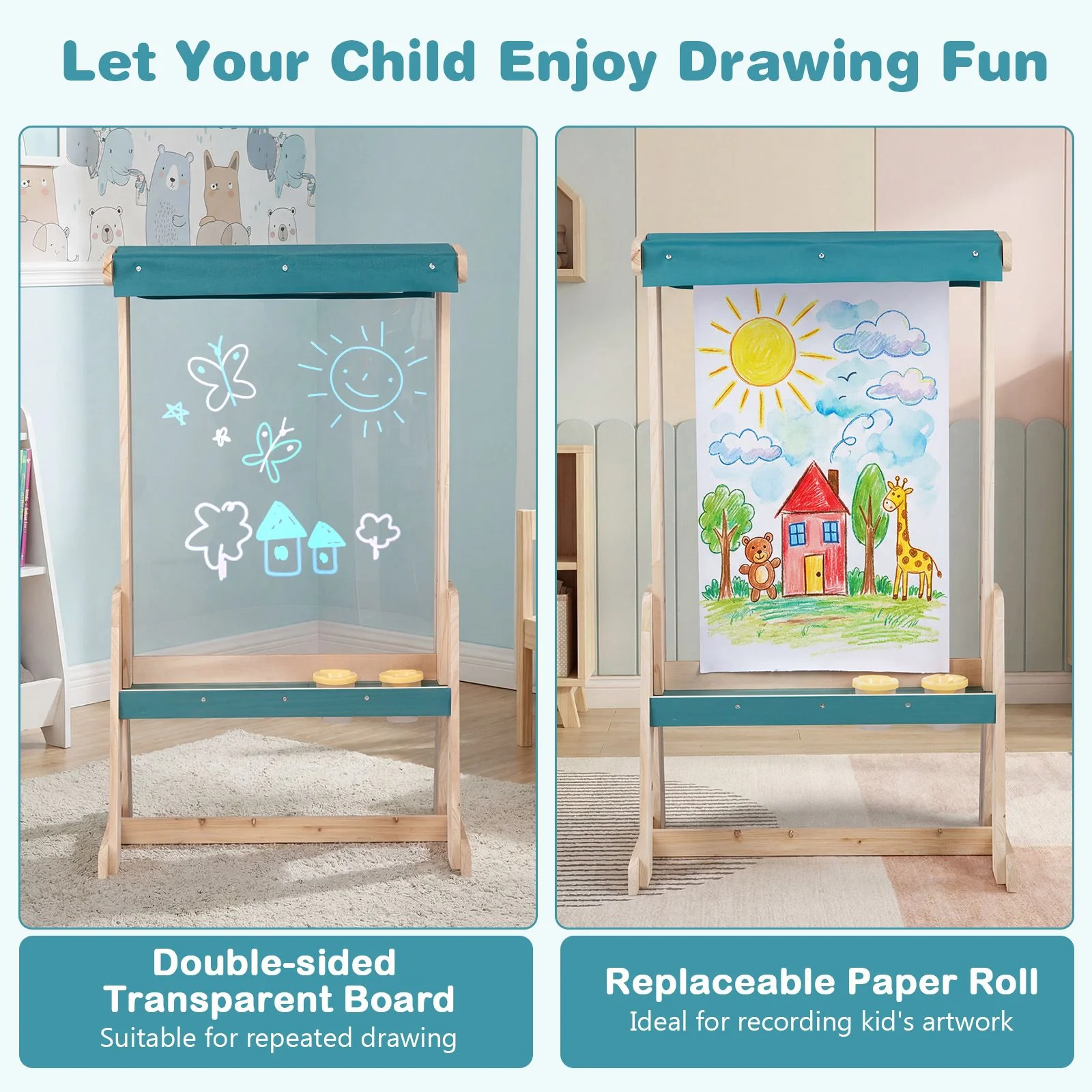 Wooden Fir Frame Easel for Kids with Transparent Board and Storage Trays - Image 6