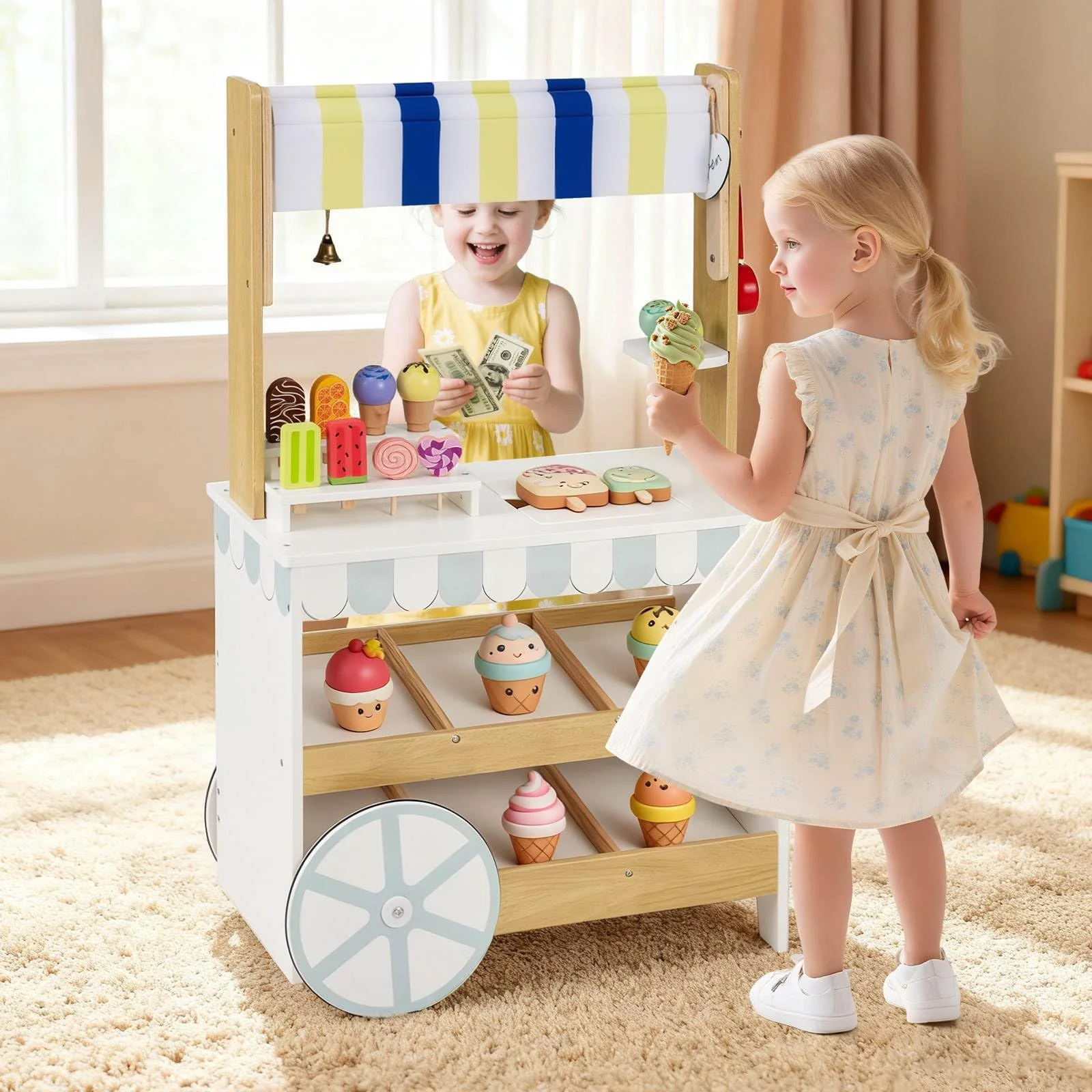 Wooden Ice Cream Cart for Kids, Pretend Play Set with Storage for 3+ Years Old - Image 2
