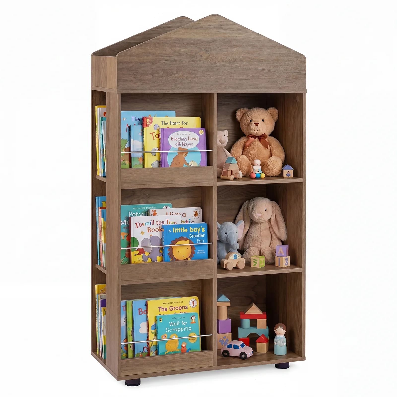 Wooden Kids Bookshelf and Toy Storage, Toddler Dollhouse Bookcase with Multiple Compartments